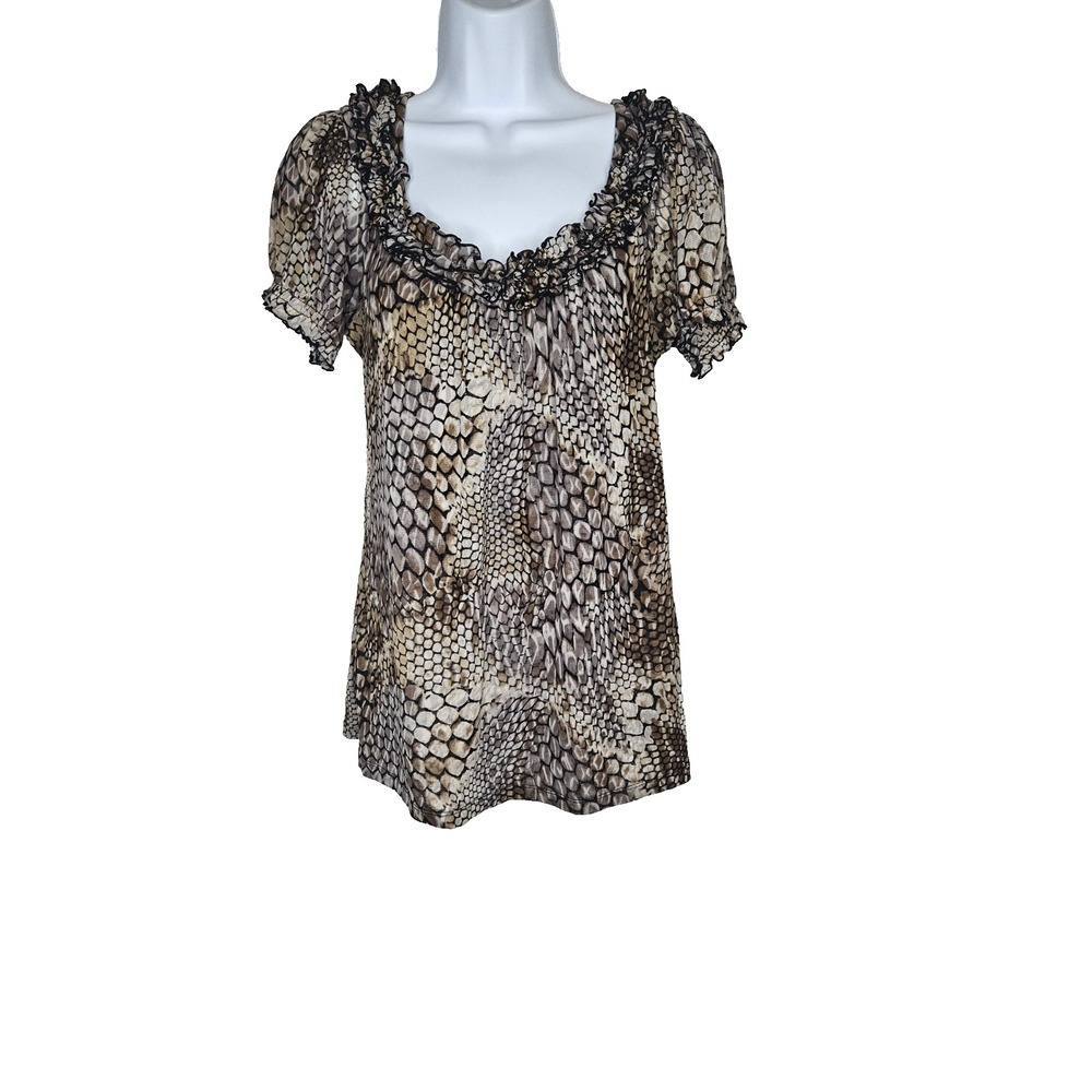 INC International Concepts Top M Brown Snake Print Ruffle Neck Short‎ Sleeve